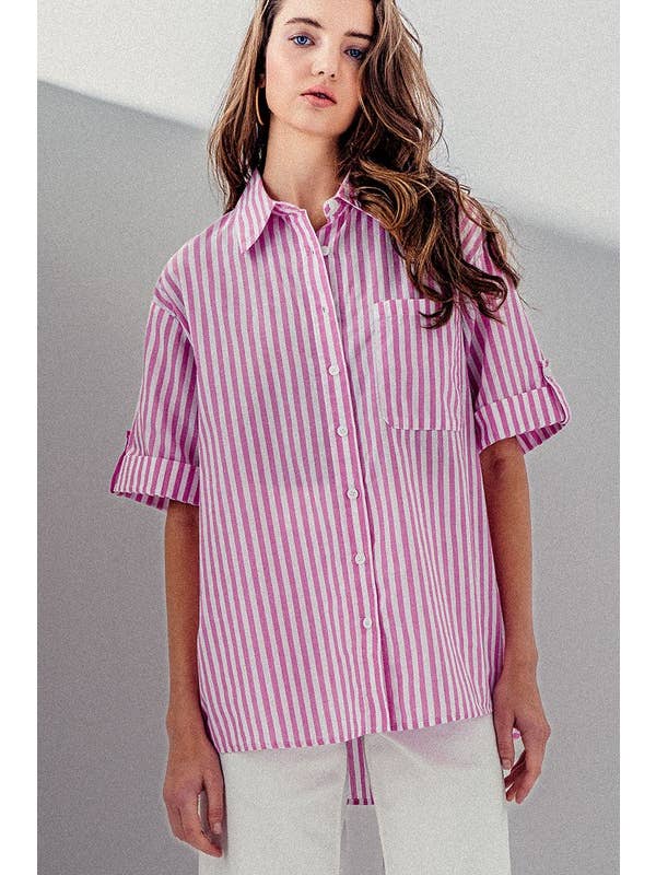 Pink BUTTON DOWN HIGH LOW STRIPE SHIRT for wholesale on Faire3