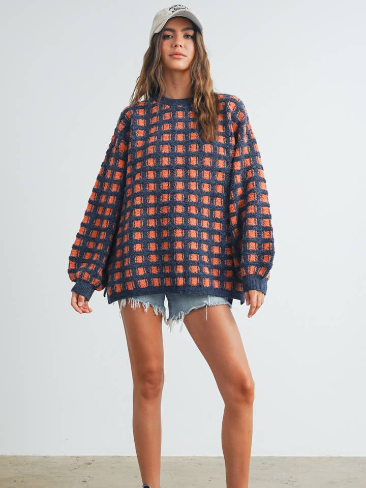 BUTTERMELON - Wholesale Knit Sweater - Women's - Checkered Oversized Sweater - BMW74191