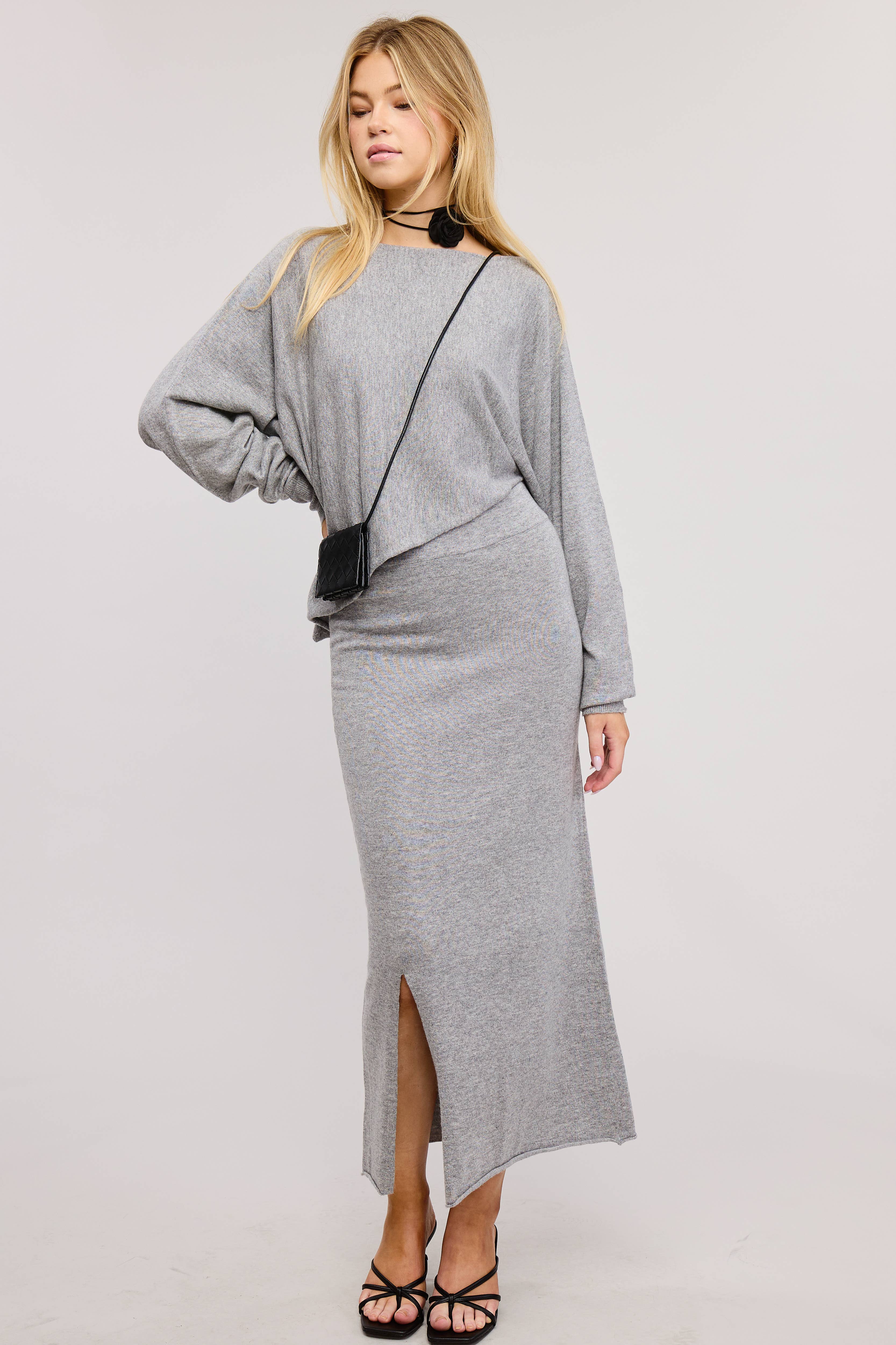 Mimosa - Wholesale Top & Skirt Set - Women's - Asymmetrical Knit Top & Midi Skirt Matching Set2