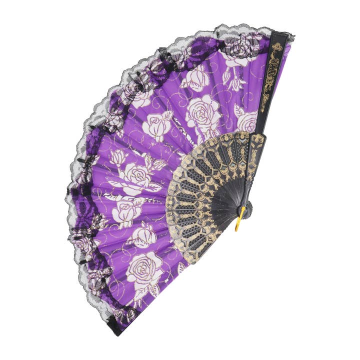 Cap Zone - Wholesale Handheld Folding Fan - Rose Gold Glitter Lace Trim Hand-Held Folding Fan