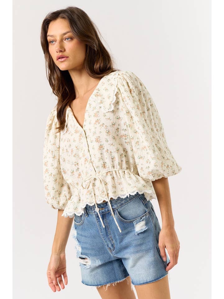 CREAM ILT2370-2 3/4 Puff Sleeve Lace Trim Floral Blouse for wholesale on Faire