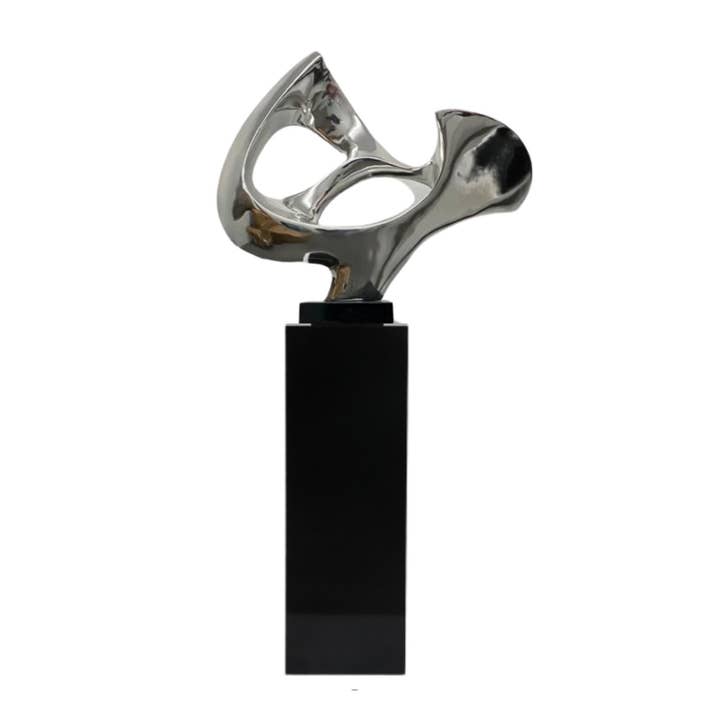 Finesse Decor - Wholesale Sculpture - Chrome Abstract Mask Floor Sculpture With Black Stand, 54" Tall