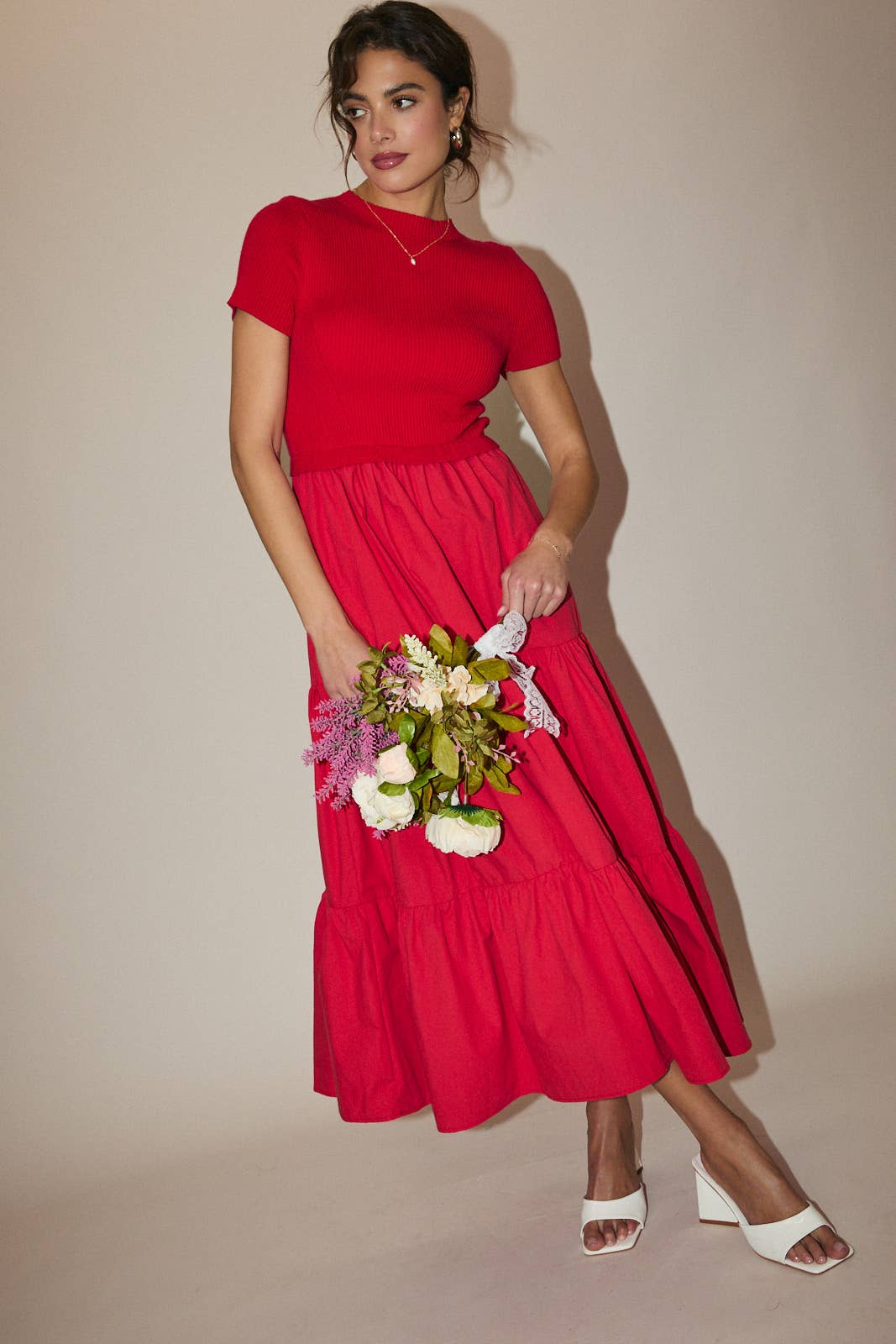 Sunday Edition by LE LIS - Wholesale Dress - Women's - MOCK NECK SHORT SLEEVE KNIT & WOVEN MIX TIERED MIDI DRESS21