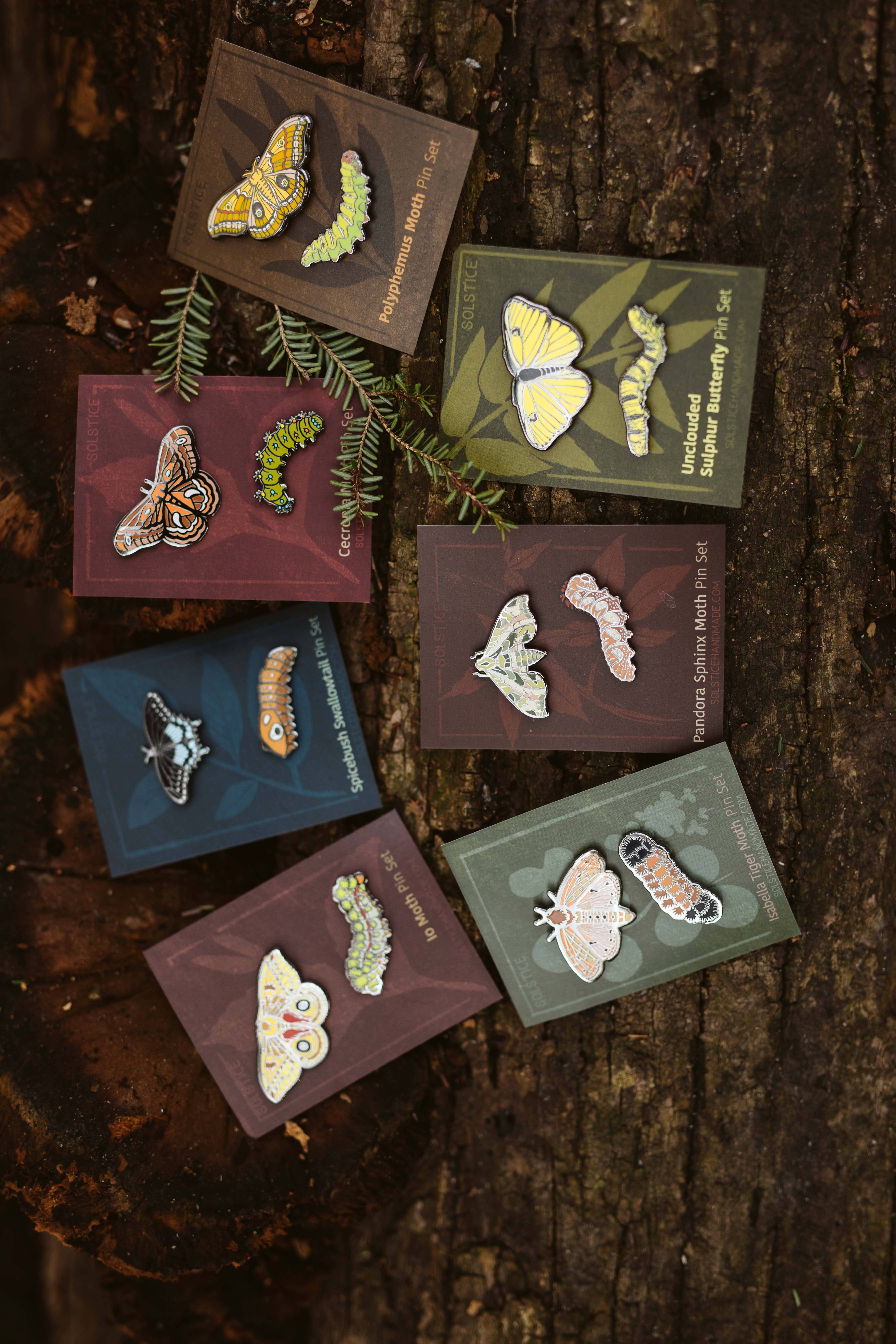 Solstice Handmade - Wholesale Reversspeld/knoop - Isabella Tiger Moth Pin Set (wollige beer rups)5