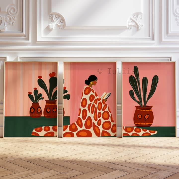Stylized Woman & Cactus Triptych – Modern Set of 3 Decor for wholesale by IuliiaArtPrints