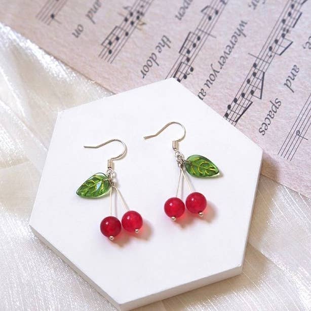 Haengseongworkshop - Wholesale Dangle Earrings - S925 Cherry Fruit Dangle 8mm Red Jade 15mm Leaves Earrings