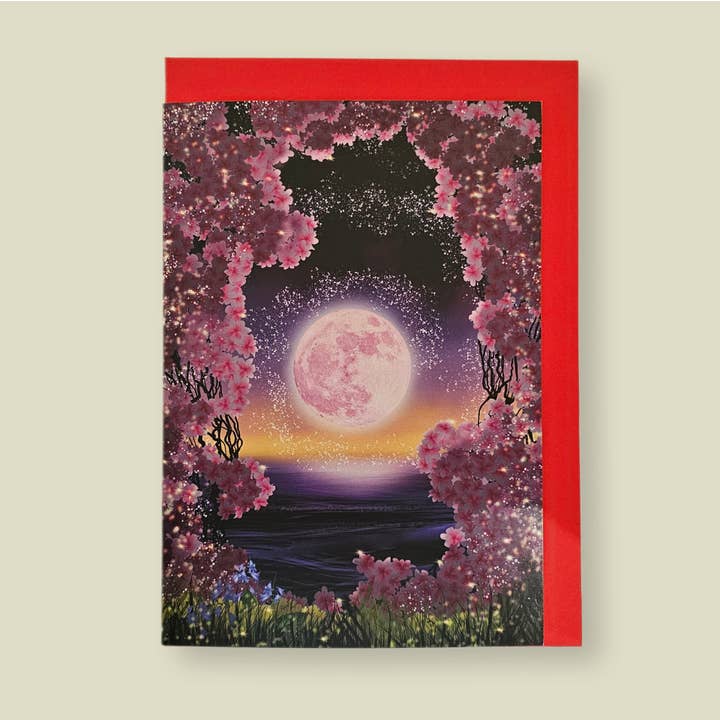 A5 blank card 'Pink Moon' single or multipack of 3 for wholesale by Sky Spirit Creations