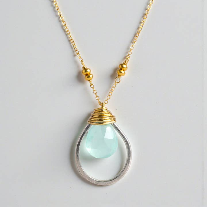 Aqua Chalcedony Teardrop Necklace for wholesale by J + I Jewelry