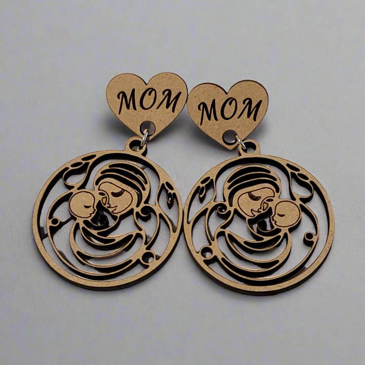 Handmade Wooden “Mom” Dangle Earrings – Mother and Child Design for wholesale by Bead And Beam