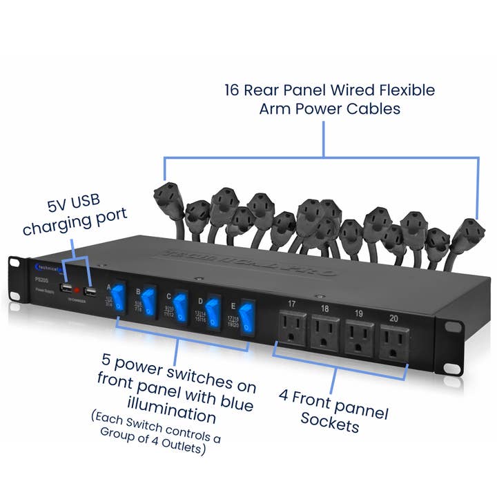 Technical Pro - Wholesale Music Accessory - 20-Outlet 19" Rack Mount Surge Protector with USB Ports9