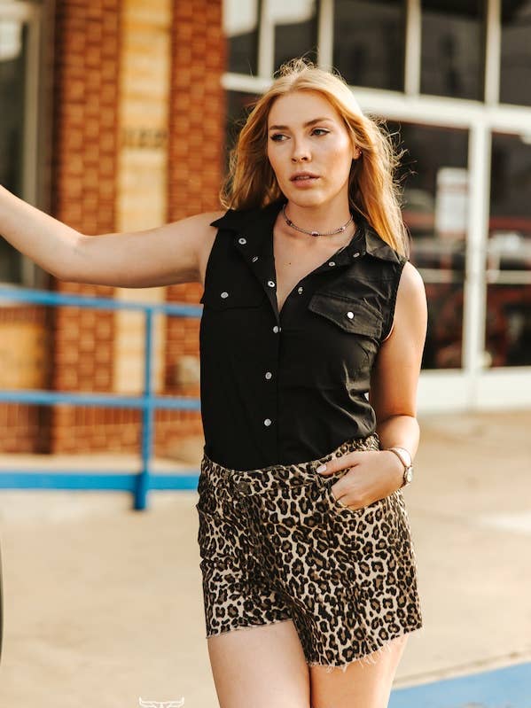 Black Sleeveless Pearl Snap Western Yoke Top for wholesale by LUCKY & BLESSED