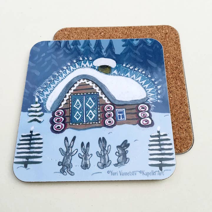 Christmas drink coaster with fairytale cabin and bunnies for wholesale by Kapelki Art