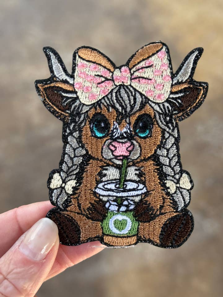 3” Coffee Highland Cow Hat Patch for wholesale by Ohh Seaux Cute