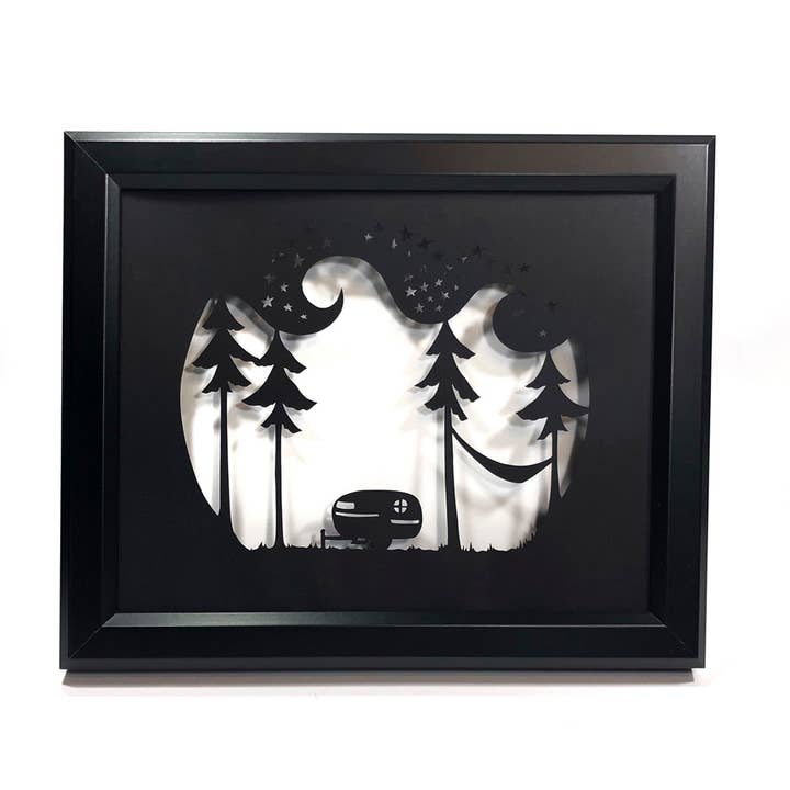 Framed Hand Cut Paper Art - Galaxy Camper for wholesale by Squirrel Tacos Papercuts