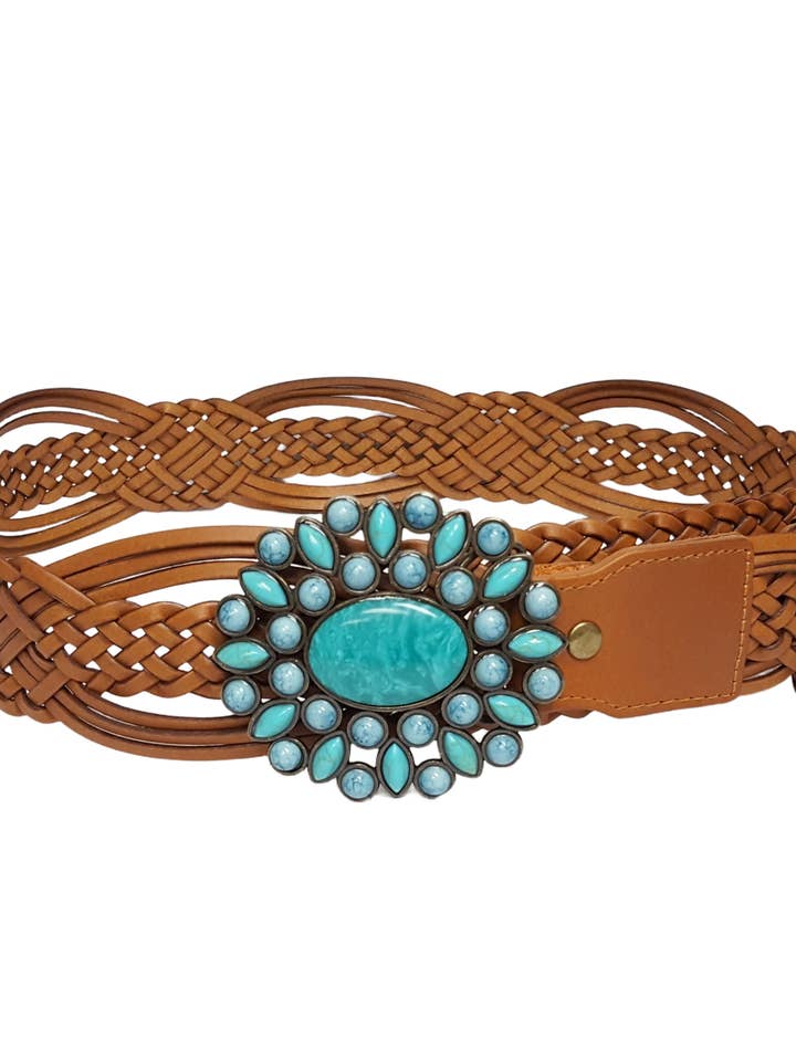 Hand Braided Leather Belt with Turquoise Style Buckle brass for wholesale by Axesoria West