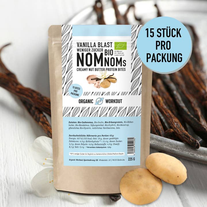 Organic Workout - Wholesale Snack bar - Vanilla Blast NomNoms (Protein Bites) – organic, vegan with organic erythritol and organic pea protein5