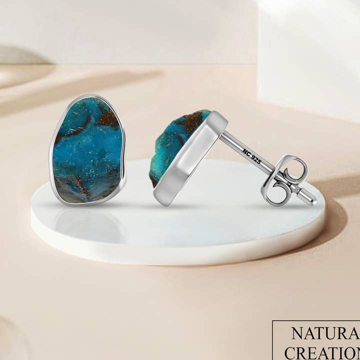 Natural Rough Chrysocolla Stud Earrings, Sterling Silver for wholesale by Nature Crafts