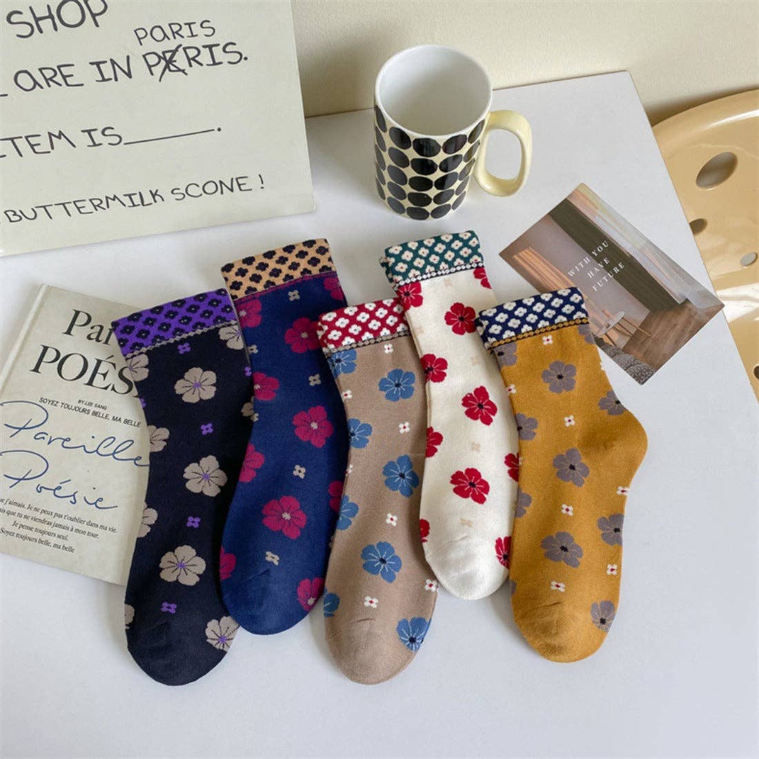 Funkyrel® Atzbranding Limited - Wholesale Socks - Women's - Rufia - Colorful Floral Pattern Mid-Calf Socks1