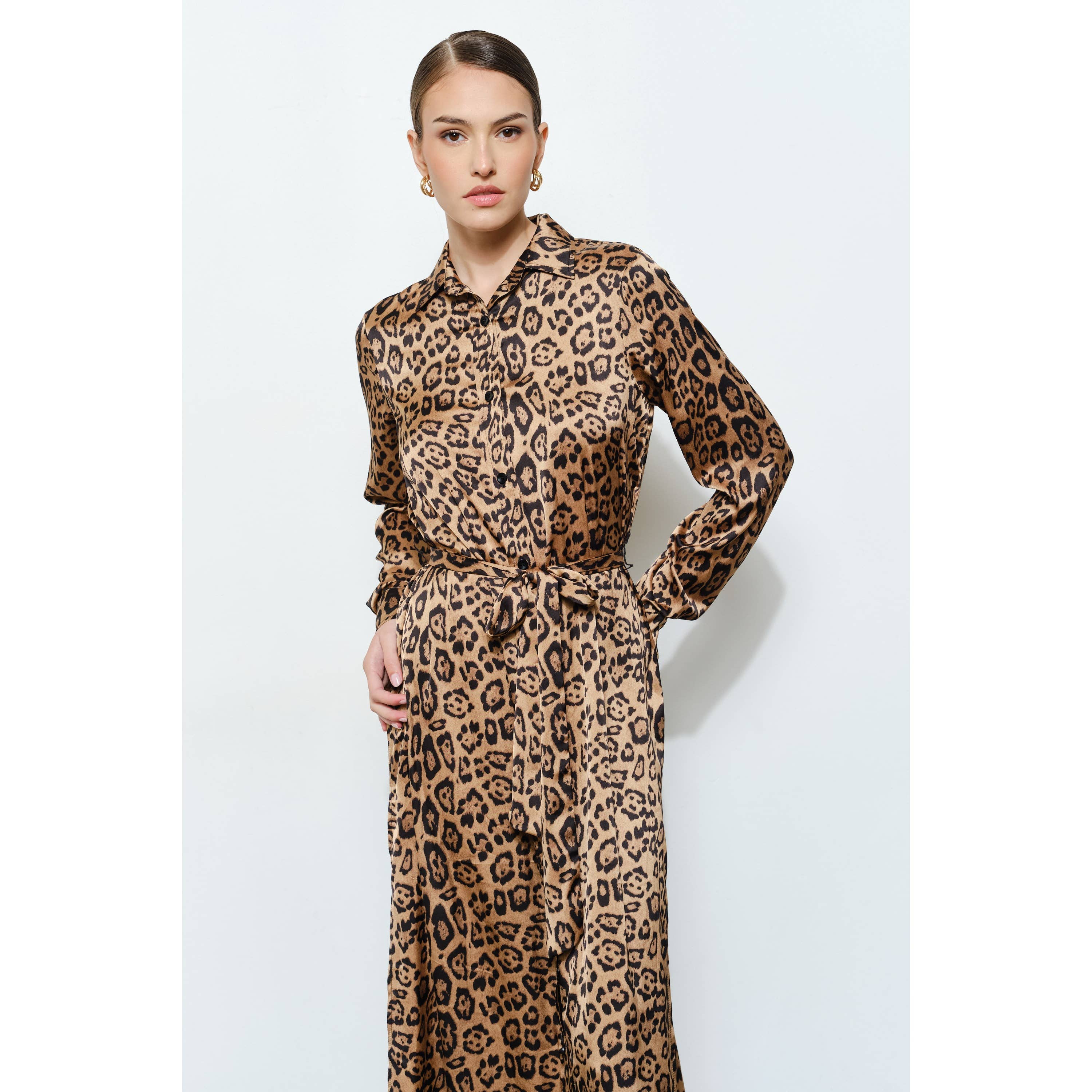 Chic Leopard Print Satin Waist Tie Slit Maxi Dress for wholesale on Faire9