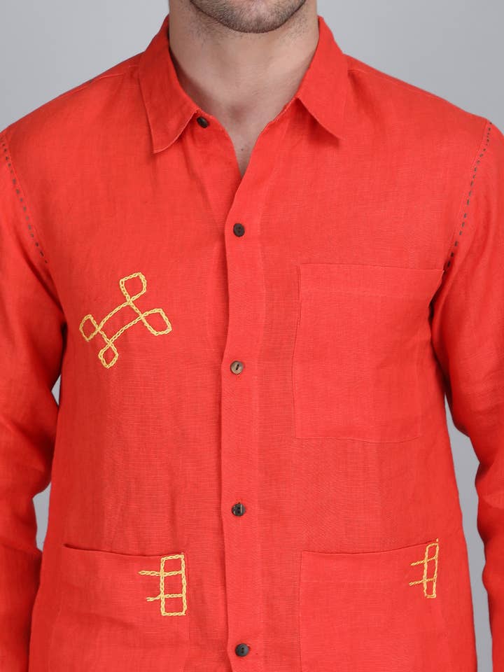 Heren oranje puur linnen handgeborduurd F/S overhemd voor wholesale door 1401 The Label