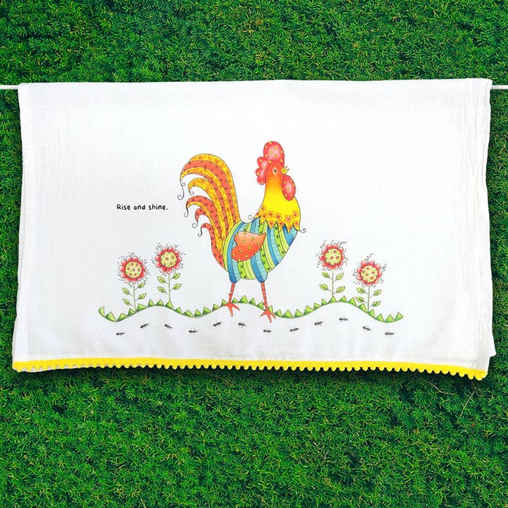 Kitchen Flour Sack Tea Towel - Rooster Boy Tea Towel for wholesale by Doodles and Fun!