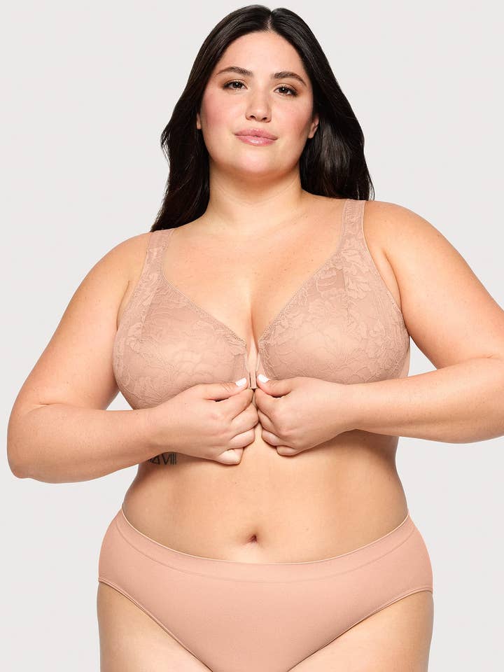 Front-Closure Lacey T-Back WonderWire Bra Cappuccino for wholesale by Glamorise