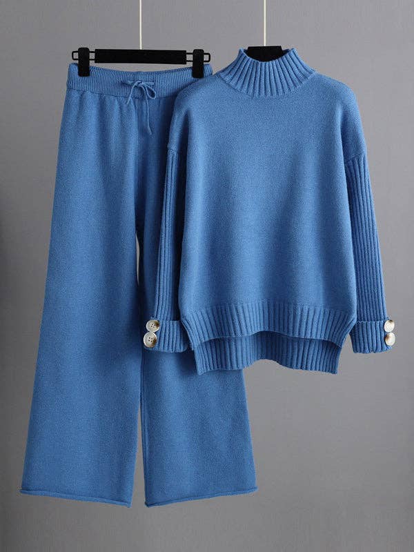 Plush Looks - Wholesale Top & Pant Set (NOT Loungewear) - Women's - Urban Long Sleeve Half Turtleneck Sweater Wide Leg Pants6