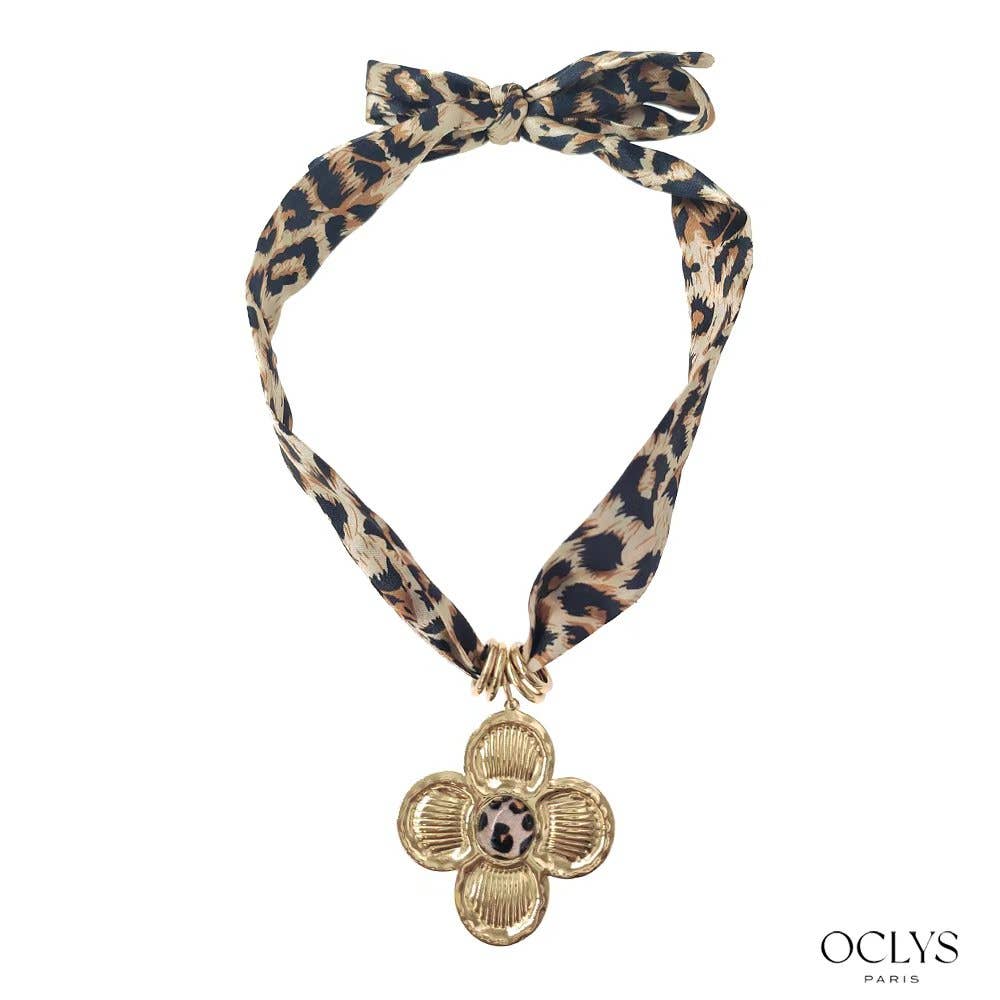 Oclys - Wholesale Woven Necklace - Leopard fabric necklace with Grigri flower1
