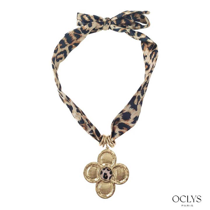 Oclys - Wholesale Woven Necklace - Leopard fabric necklace with Grigri flower1