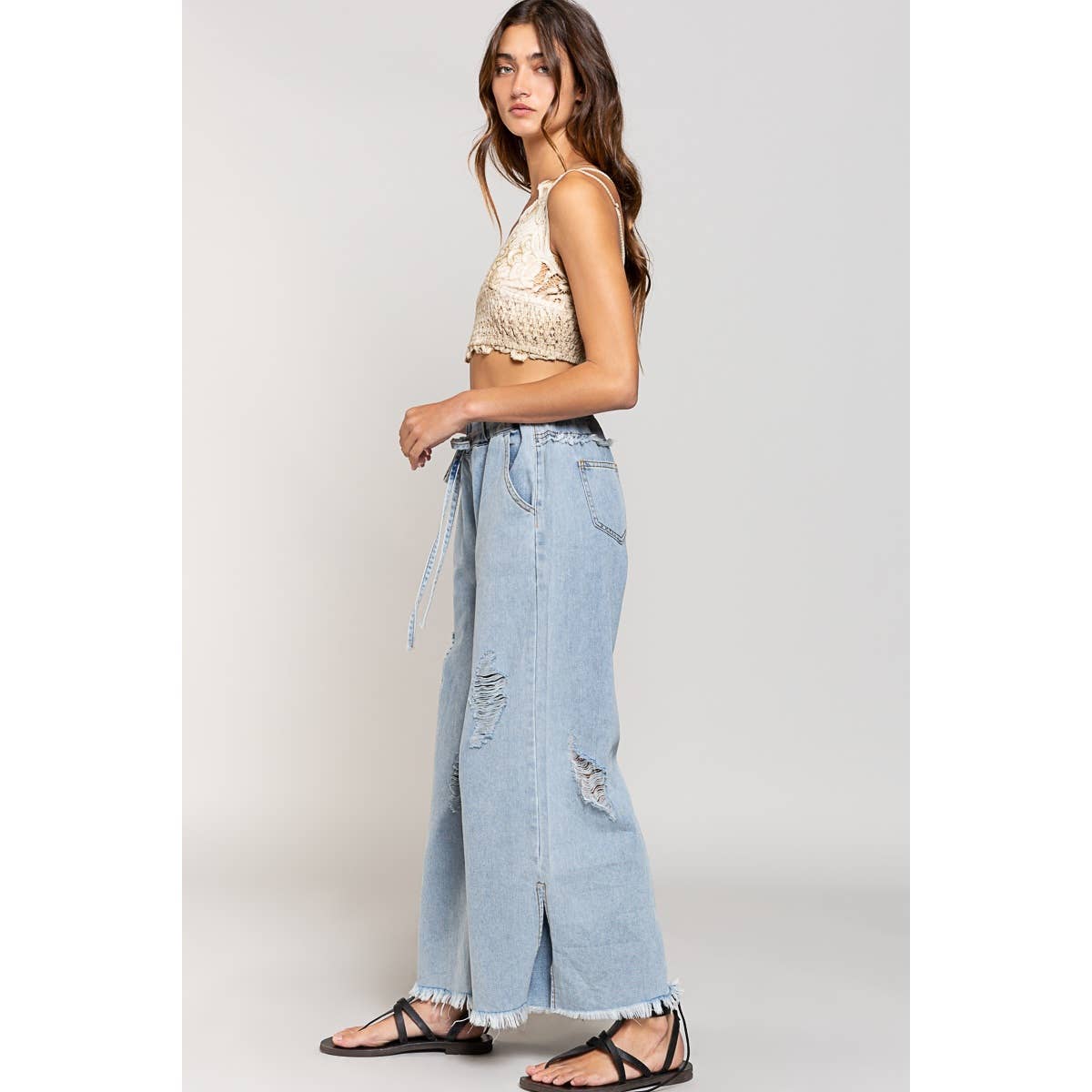 Pol Clothing - Wholesale Jeans - Women's - Wide Leg Drawstring Elastic Waist Distressed Denim Pants4