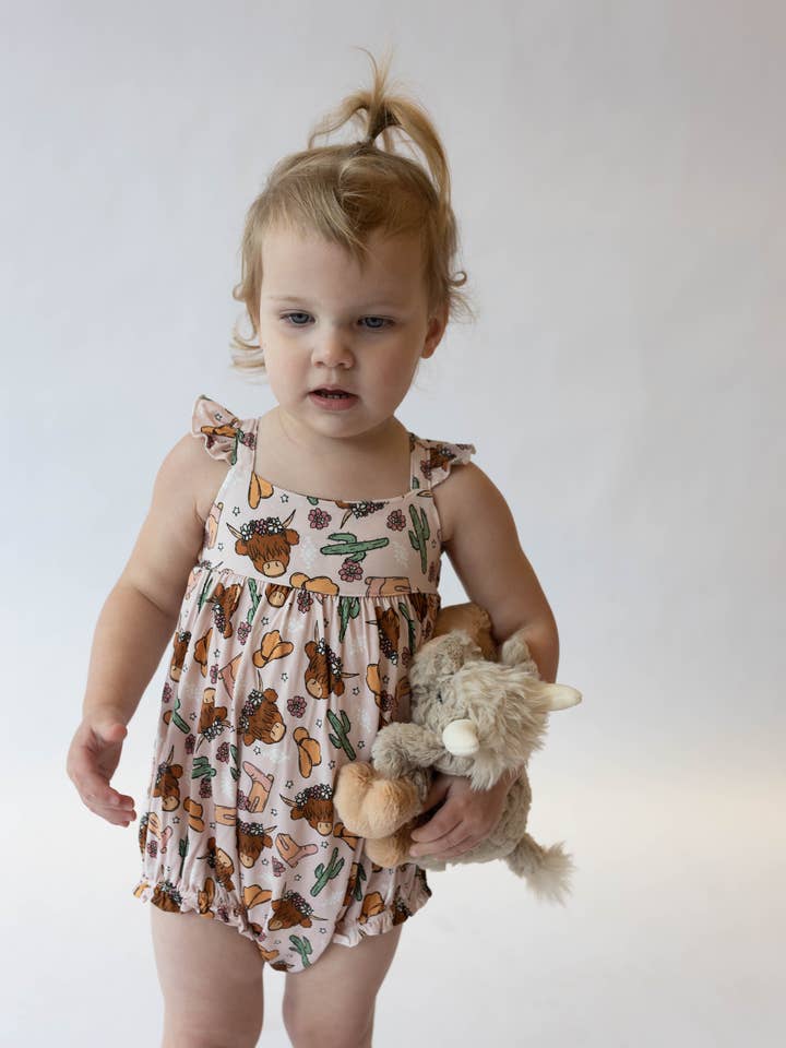 Pink Highland Cow bubble romper for wholesale by House of Henry