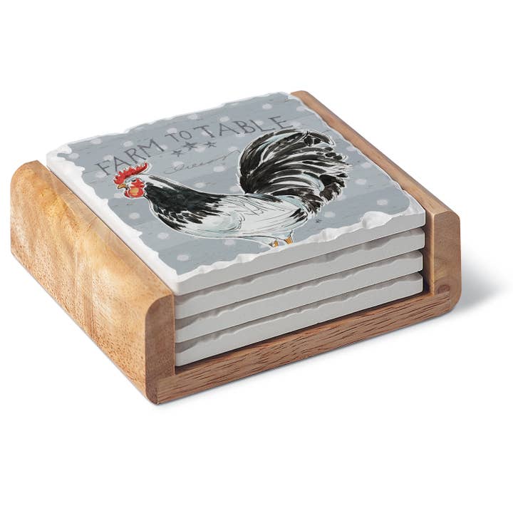 Conimar Promotions - Wholesale Coasters - Rooster 4 Pack Stone Coasters in Wooden Holder