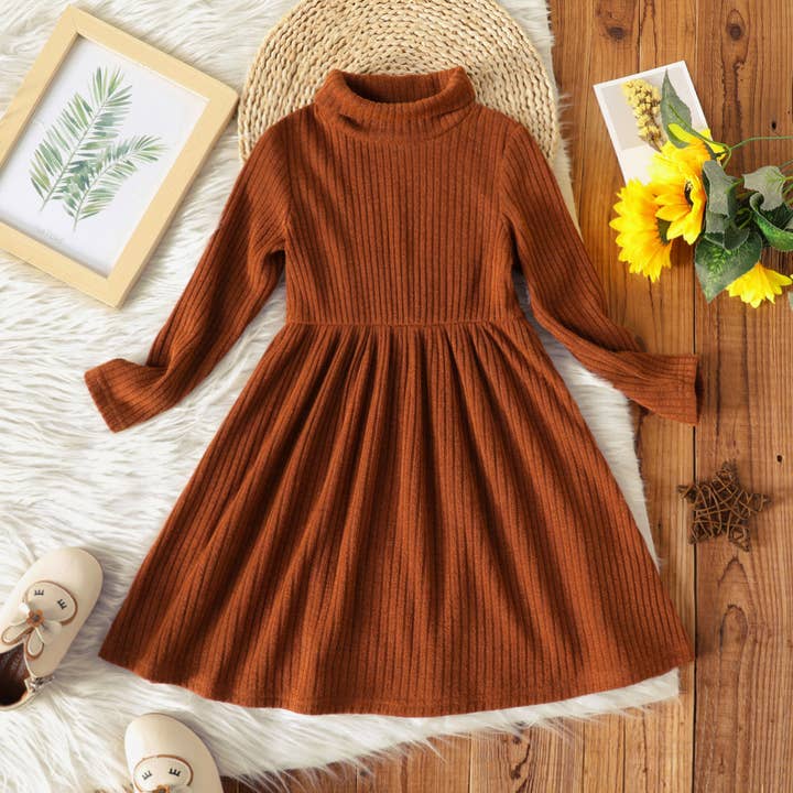 PatPat - Vendita all'ingrosso Vestito - Bambini - Abito a maniche lunghe a costine tinta unita con collo alto da bambina