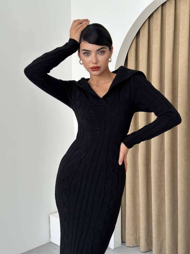 Design company-Fatma Balkir - Wholesale Dress - Women's - Wide Collar Cable Knit Long Slim Dress – Fitted Tricot dress7