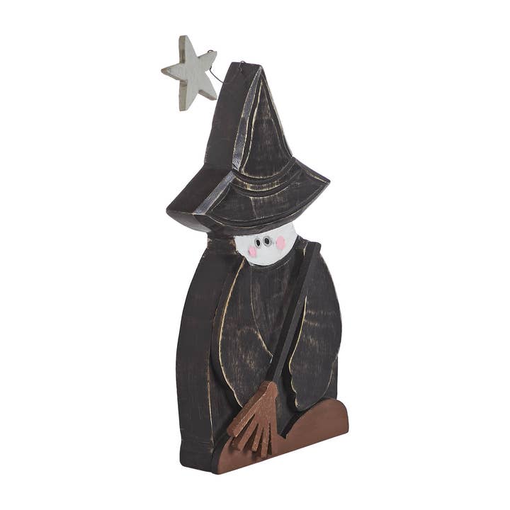 VHC Brands - Wholesale Decorative Tabletop Object - Witch w/ Broom Wooden Figurine 10x5.5x1.5