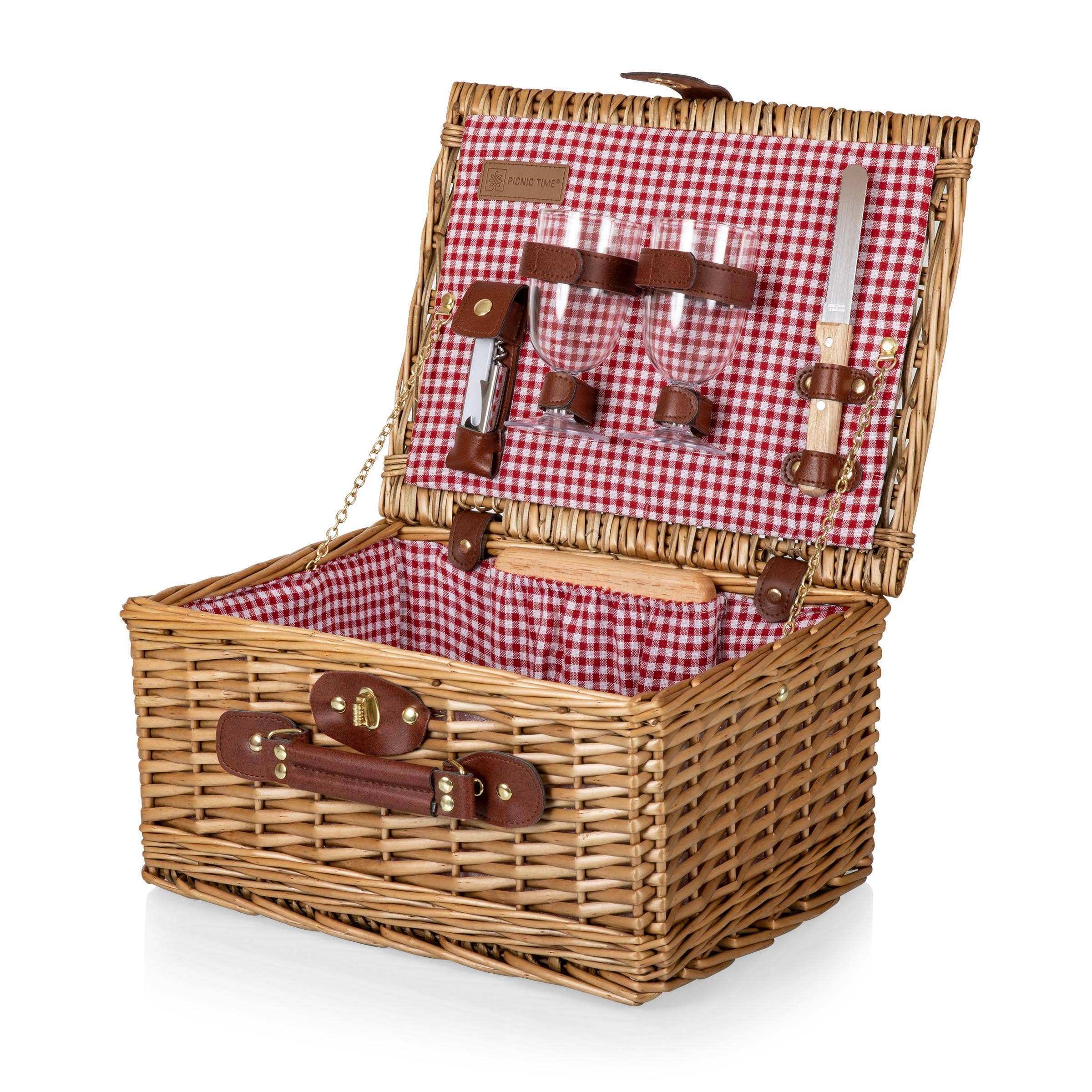 Red White Gingham Pattern Classic Wine & Cheese Picnic Basket for wholesale on Faire3