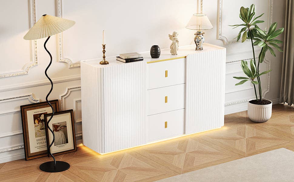 Urban Meuble – Aparador por atacado – Buffet branco elegante 2 portas, 2 gavetas com iluminação LED 150*35*80cm KRAUDREL10