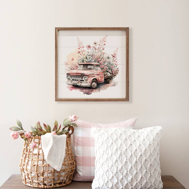 Kendrick Home - Wholesale Art Print - Pink Truck With Flat Box Flowers