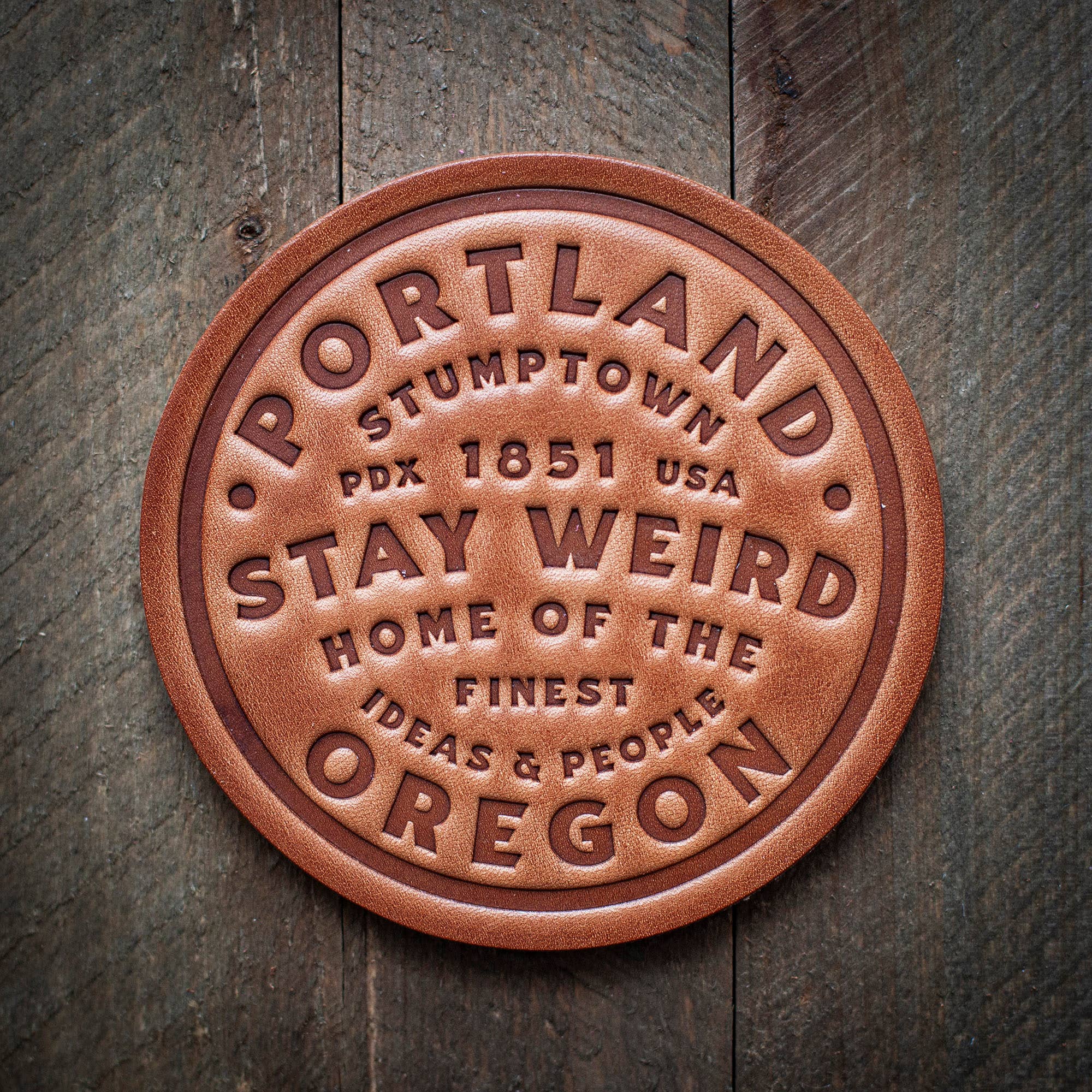 Sugarhouse Leather - Wholesale Coasters - Portland Stay Weird Leather Coaster0