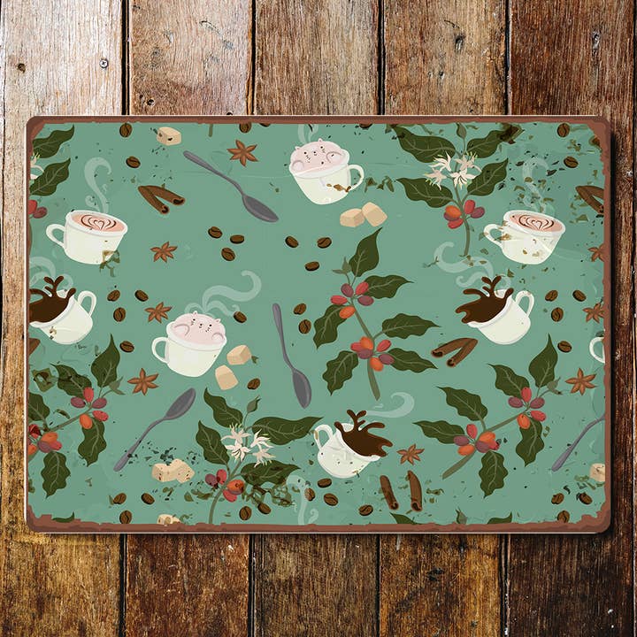 Coffee Cups Cats Leaves Plants Kitchen - Metal Wall Sign for wholesale by The British Metal Signs Company