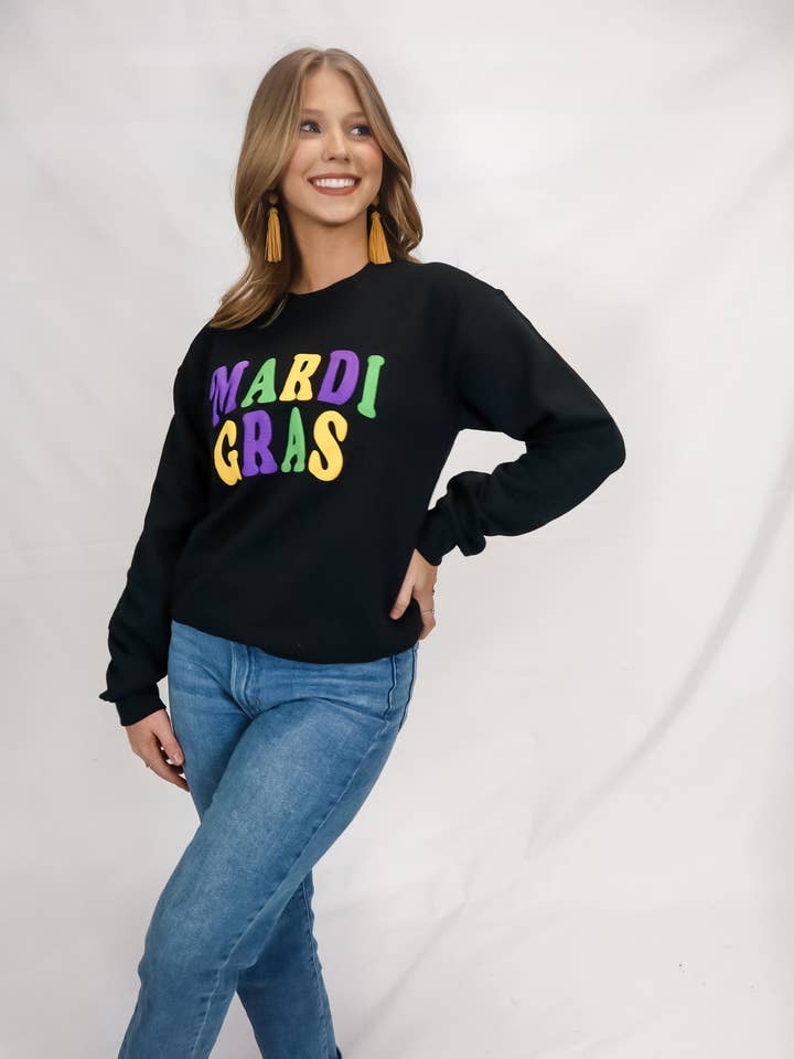 Mardi Gras Puff Black Sweatshirt for wholesale by Southern Bliss Co.