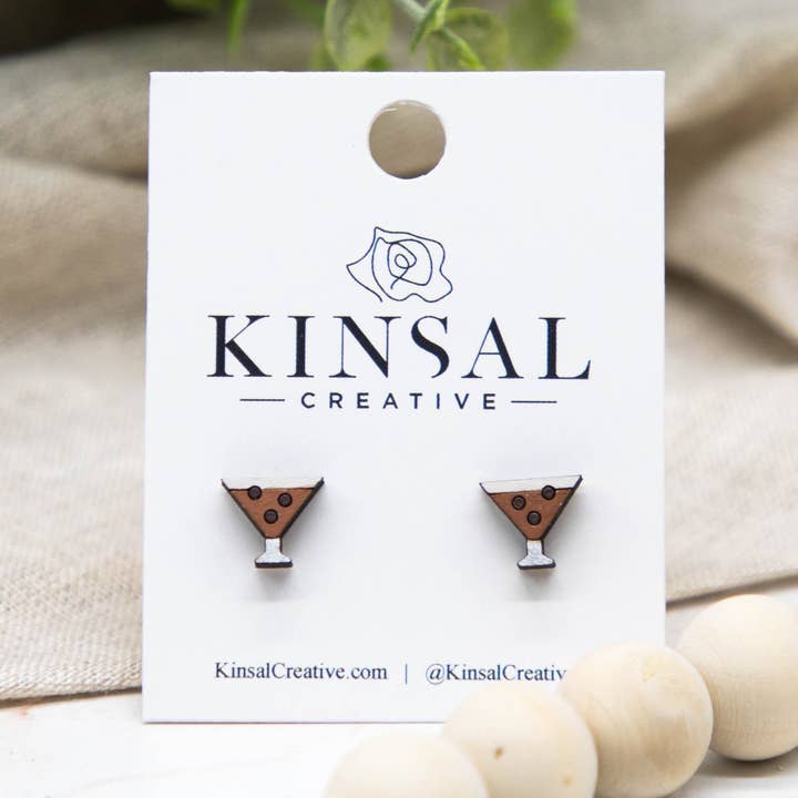Espresso Martini Wood Stud Earrings for wholesale by Kinsal Creative