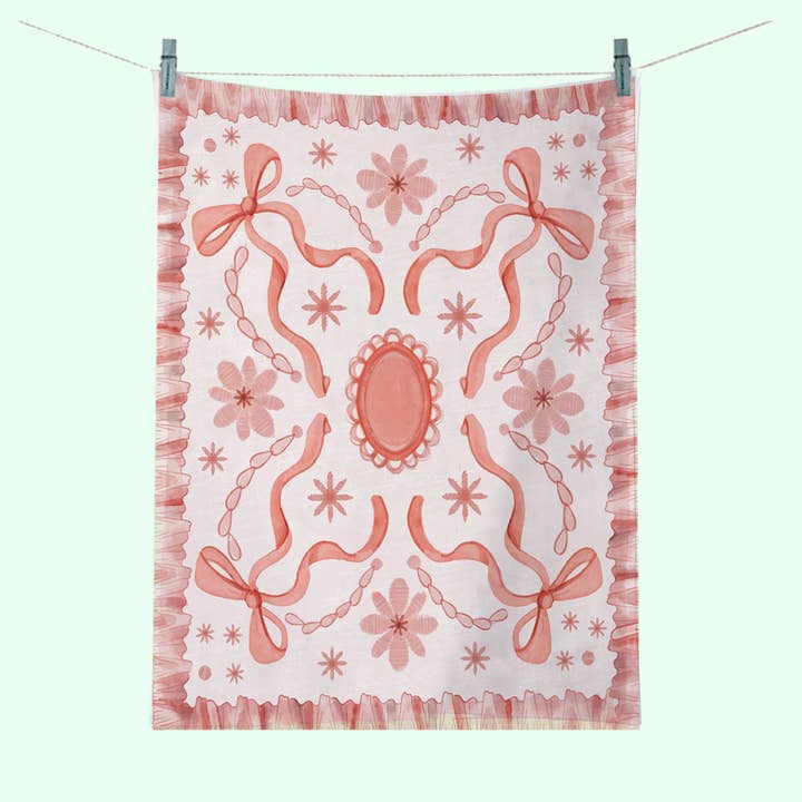 Strofinaccio da tè Pink Coquette Bows - Asciugamano Original Art Bar Cart per la vendita all'ingrosso da parte di Ashley Triggiano Art & Design