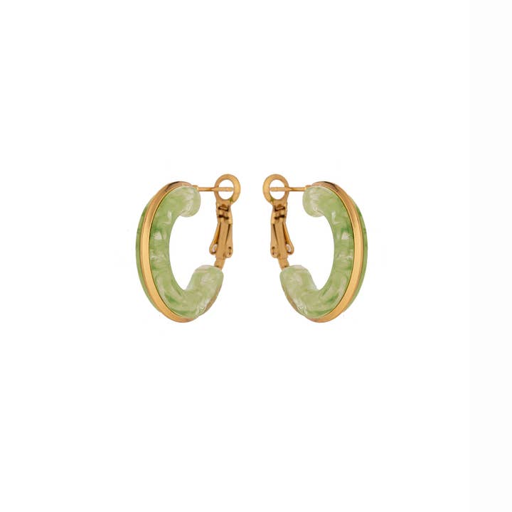 Simply Jewels - Wholesale Hoop Earrings - Chic Green Glass Stainless Steel Hoop Earring-00348