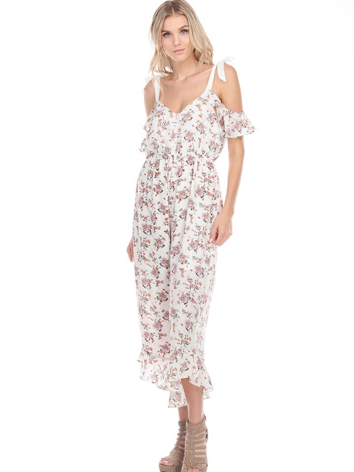White Floral Cold-shoulder Ruffle Jumpsuit for wholesale by Woven Pink