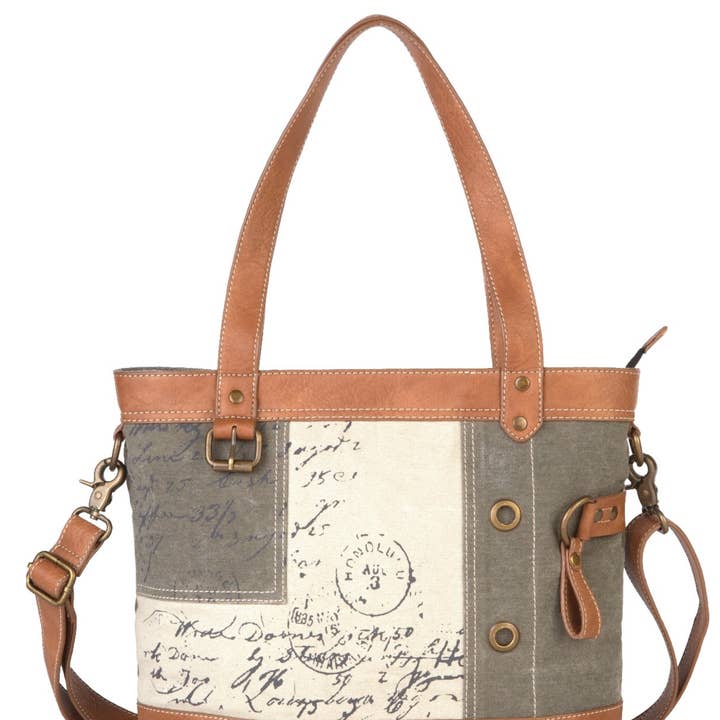 Mona B. - Wholesale Shoulder bag – women's - Vintage Script Up-Cycled Canvas Women's Shoulder Bag