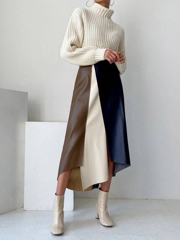 COLORFUL Asymmetric Contrast Color Split-Front A-Line High Waisted Sk for wholesale on Faire5