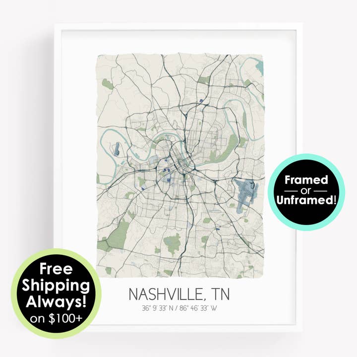 Nashville Tennessee Map - Watercolor City Map Art - Custom for wholesale by Sparks House Co.