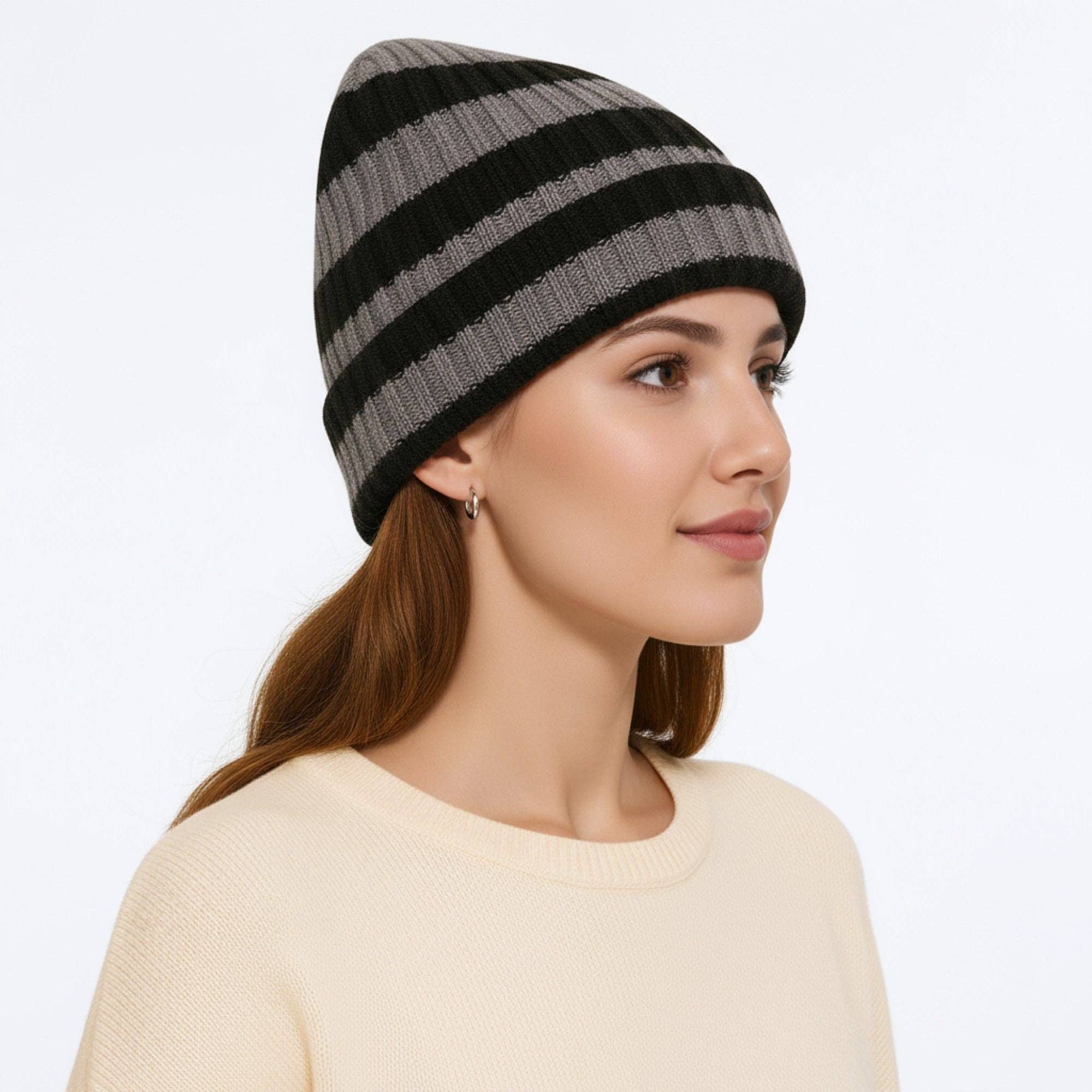 AK Brand - Wholesale Beanie - Women's - Unisex Striped Knit Beanie Hat Cuffed Warm Winter Cap4