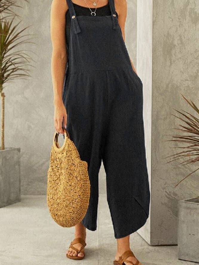 Black Plain Solid Color Casual Overalls Jumpsuit ZK1989 for wholesale on Faire